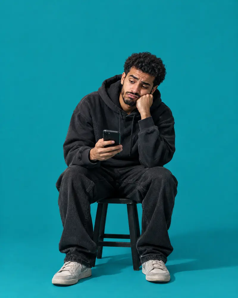 A young man sitting on a stool, resting his head on his hand as he looks at his phone in frustration