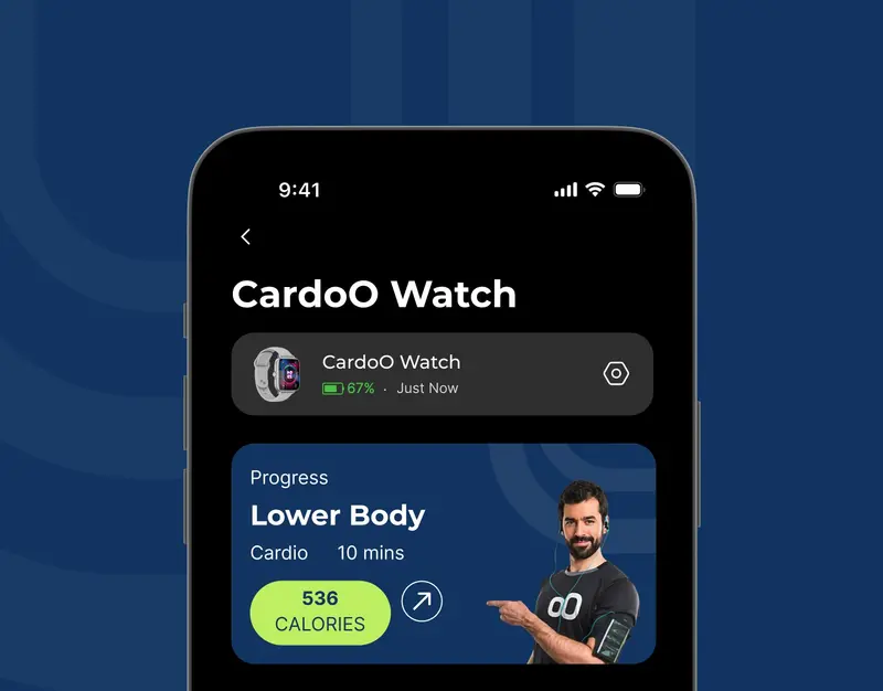 CardoO watch screen on a phone showing a lower-body cardio session and calories