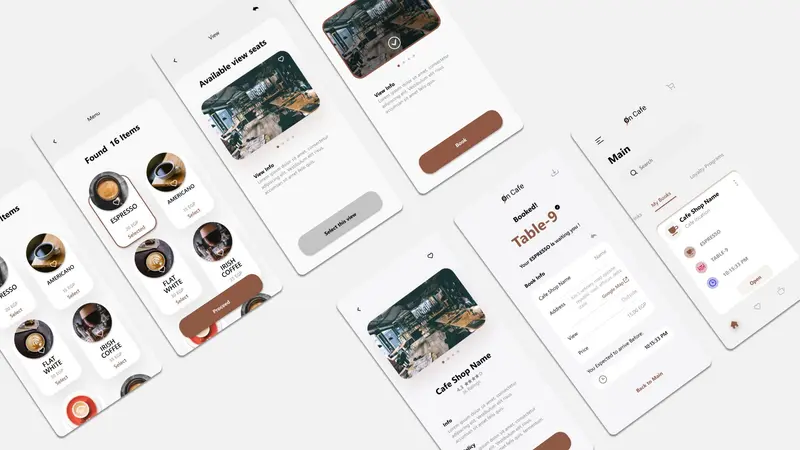 On Café app screens laid out at an angle: menu, available seats, café details and table booking