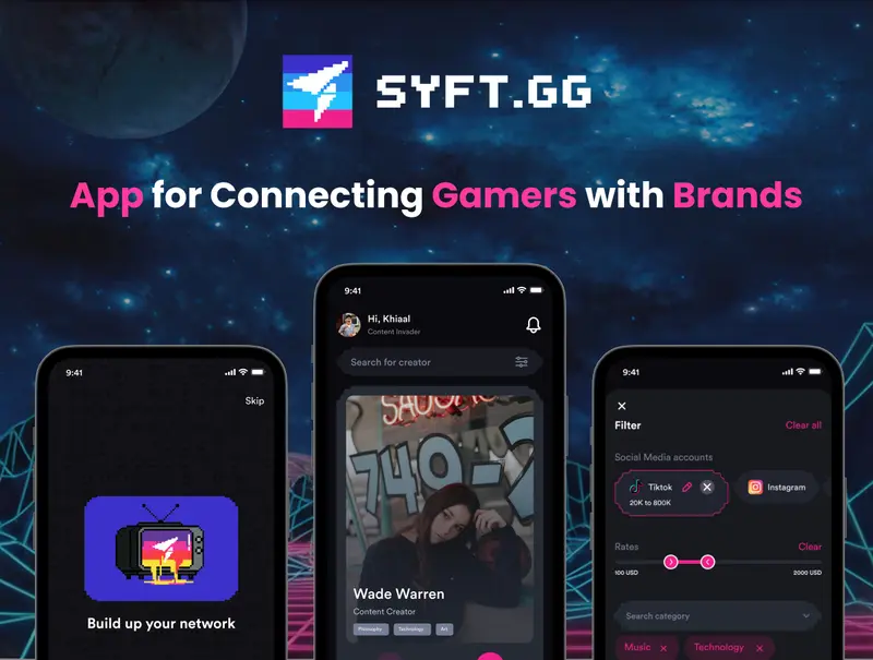 شاشات تطبيق Syft.GG على خلفية فضائية بألوان نيون: التسجيل، واستكشاف صنّاع المحتوى، والفلاتر