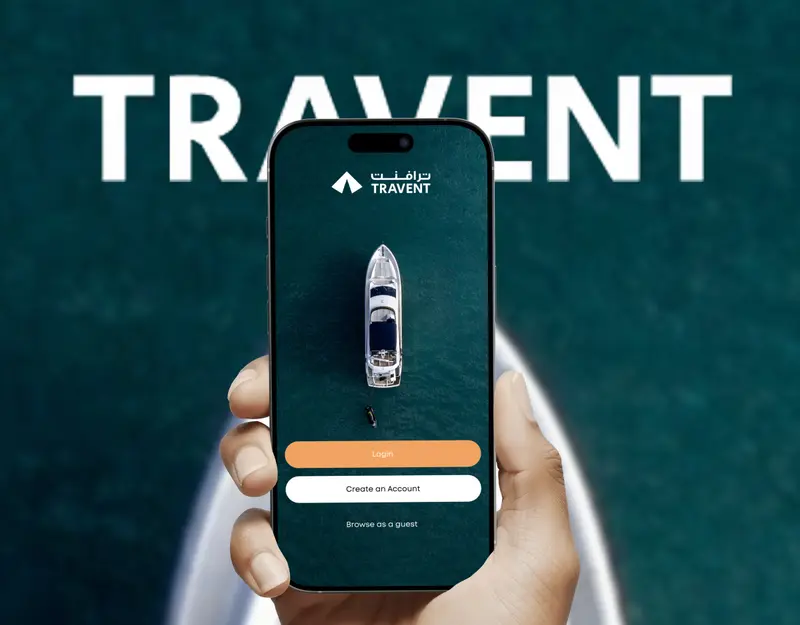 A hand holding a phone showing the Travent app's welcome screen with a yacht on deep green water