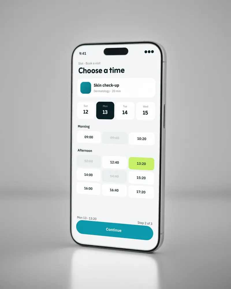 A phone standing on a grey surface showing a booking app with the chosen time highlighted in lime