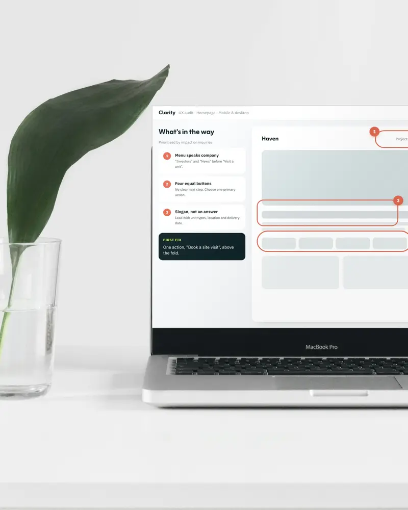 A laptop beside a green leaf showing a UX audit, with problems circled and numbered in coral